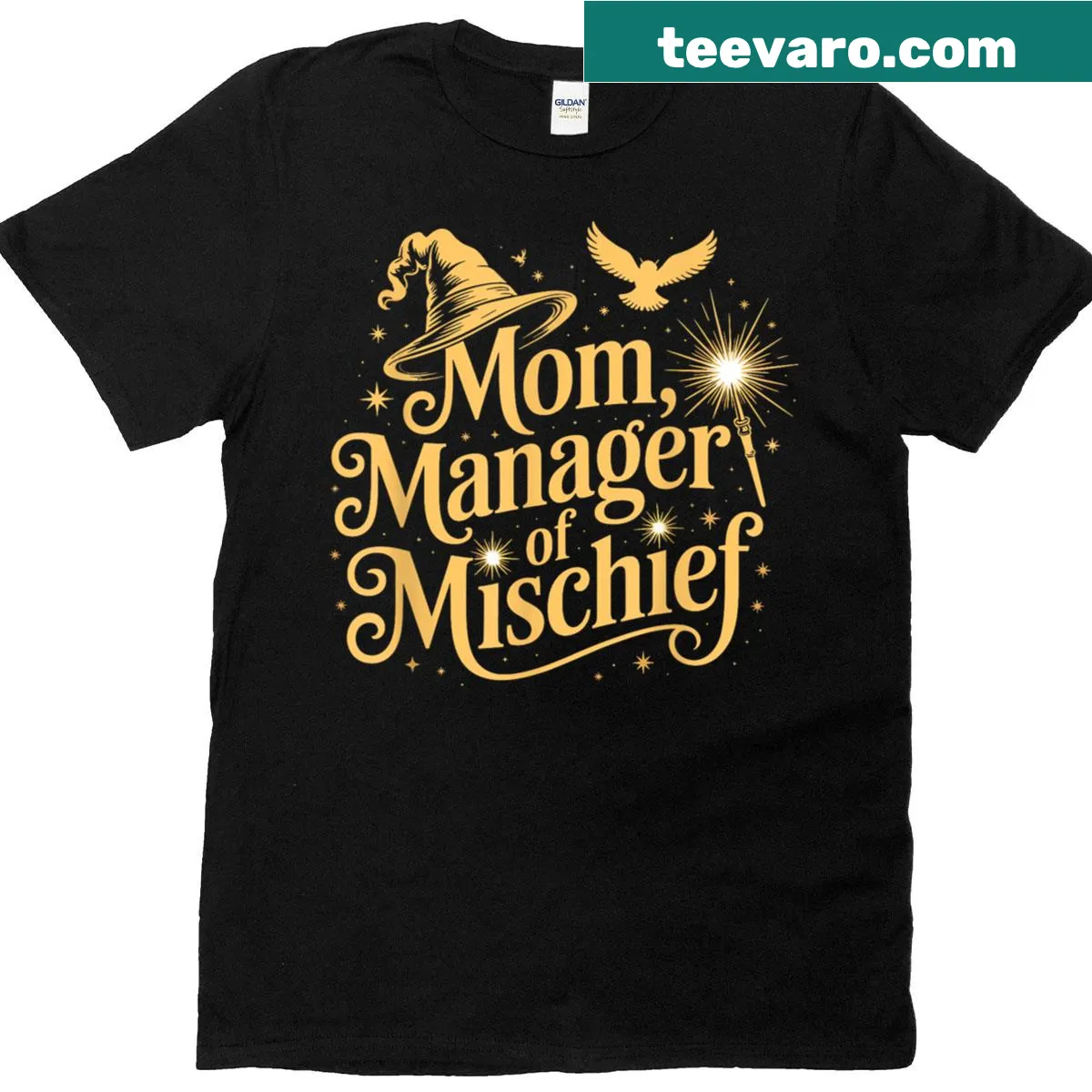 Humorous t-shirt for moms with the phrase Magical Manager of Mischief — on a men's t-shirt