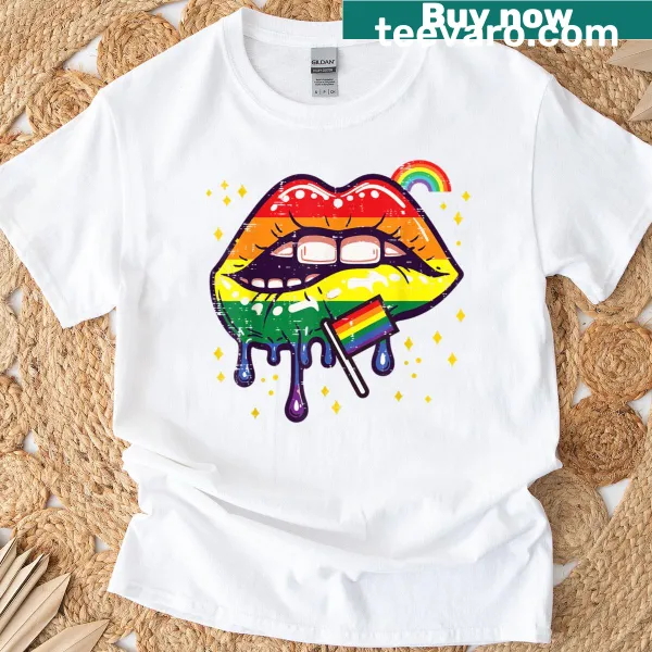 Graphic LGBTQ ally T-shirt with rainbow flag and lip bite design