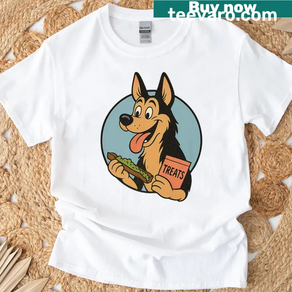 Vintage cartoon German Shepherd graphic on a T-shirt