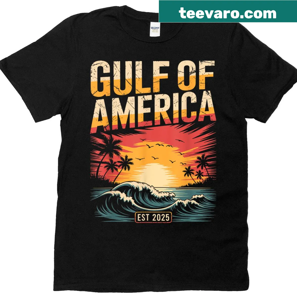 Retro graphic T-shirt with 'Gulf Of Us USA America Est 2025' — on a men's t-shirt
