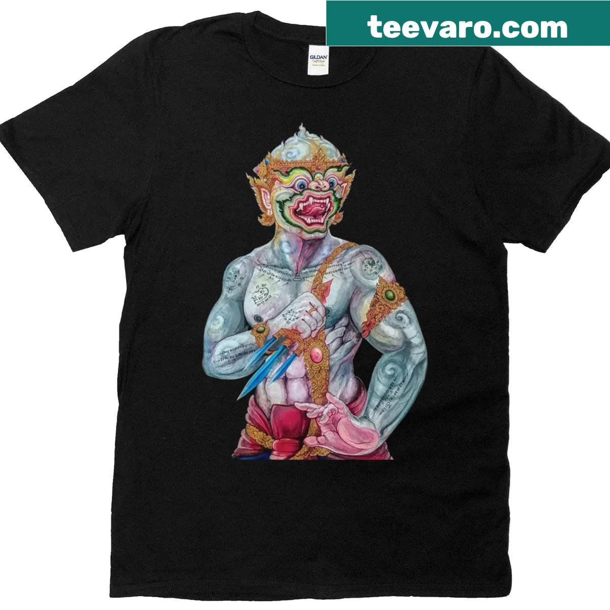 Hand-drawn Hanuman warrior illustration T-shirt — on a men's t-shirt