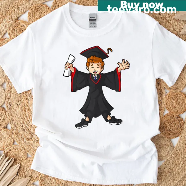 Cartoon graduate in cap and gown celebrating graduation