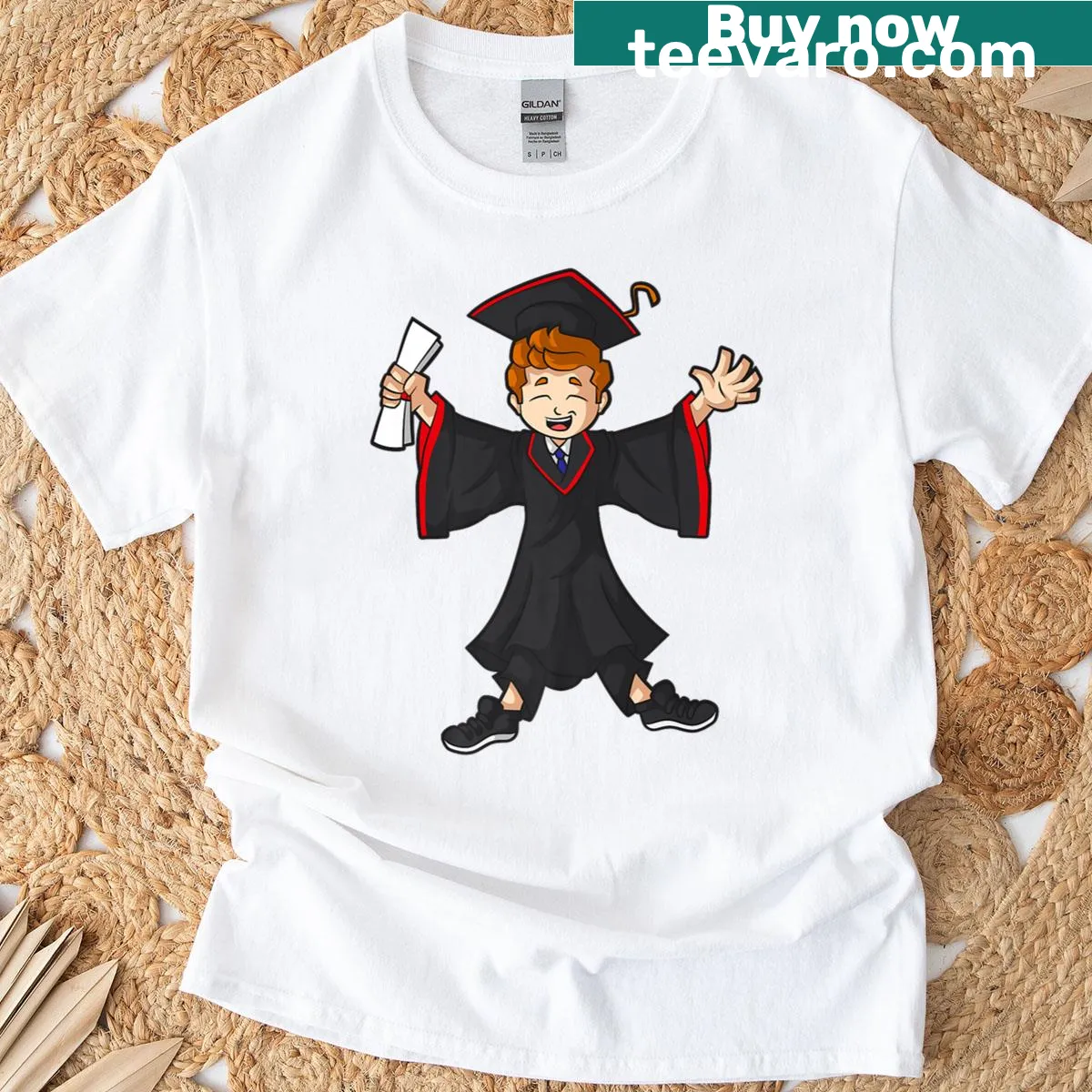 Cartoon graduate in cap and gown celebrating graduation — on a men's t-shirt