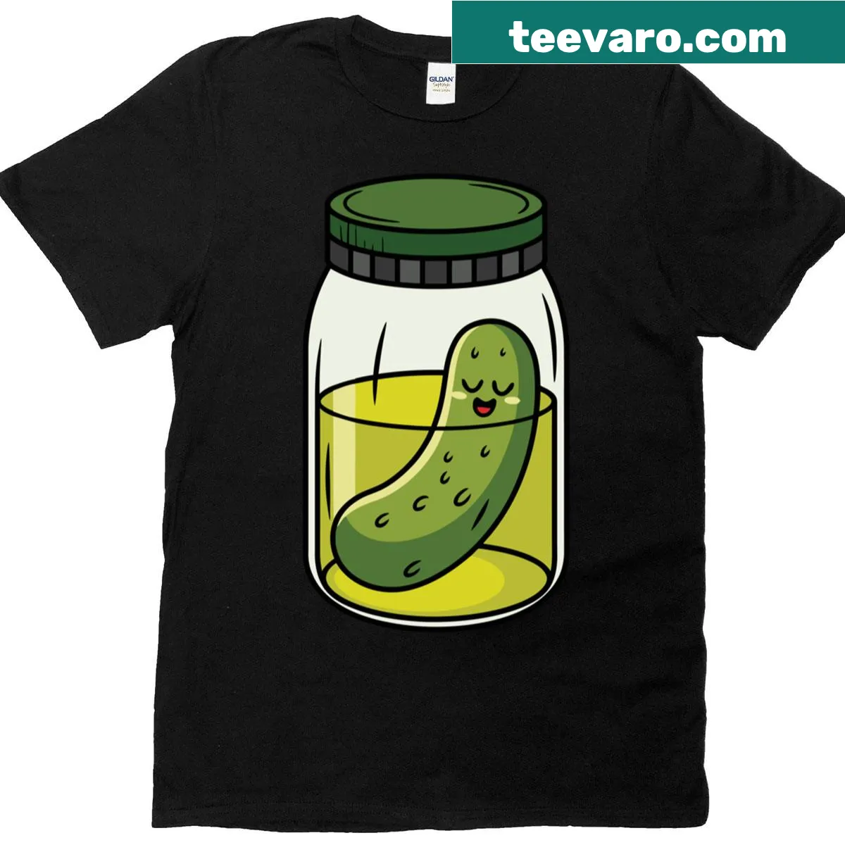 Cartoon T-shirt featuring a happy pickle in a jar — on a men's t-shirt