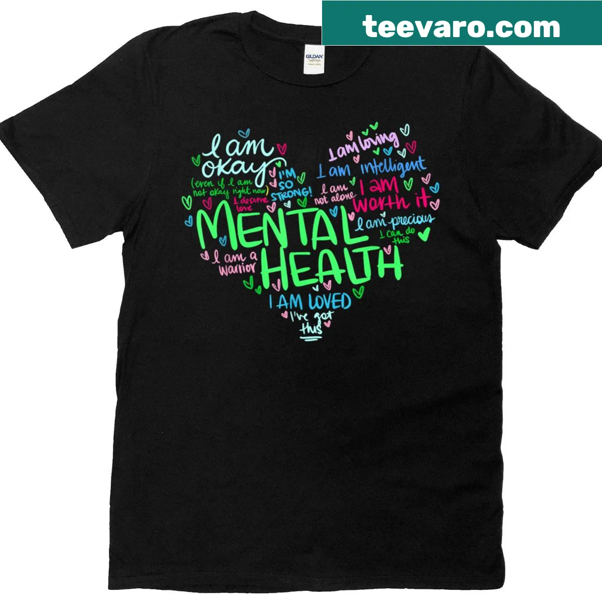 T-shirt with heart and ribbon design for mental health awareness — on a men's t-shirt