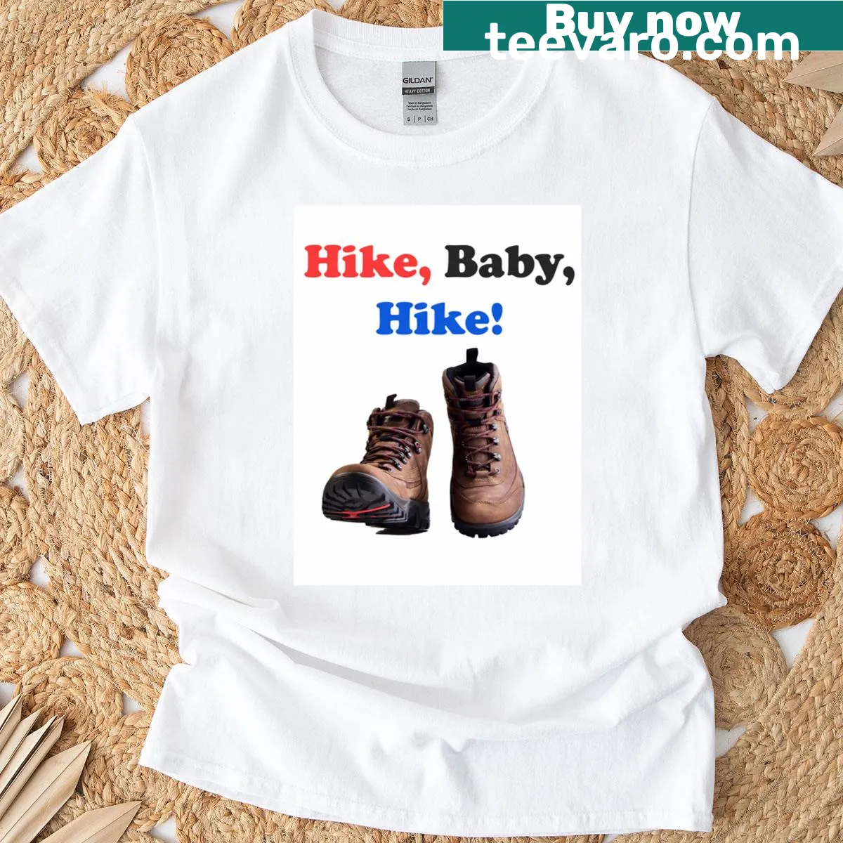 Playful t-shirt with the phrase 'Hike Baby Hike' in fun typography — on a men's t-shirt