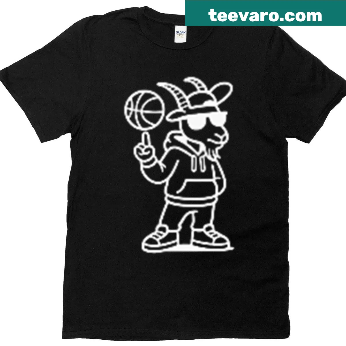 Cartoon goat graphic on a basketball-themed T-shirt — on a men's t-shirt