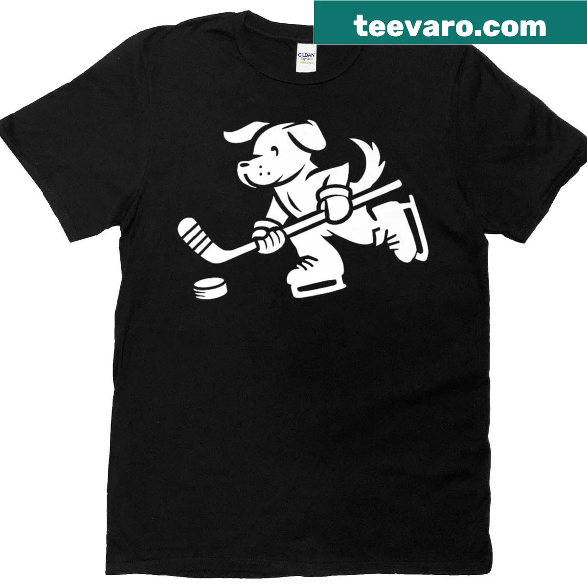 Cartoon dog skating with stick on a premium T-shirt — on a men's t-shirt