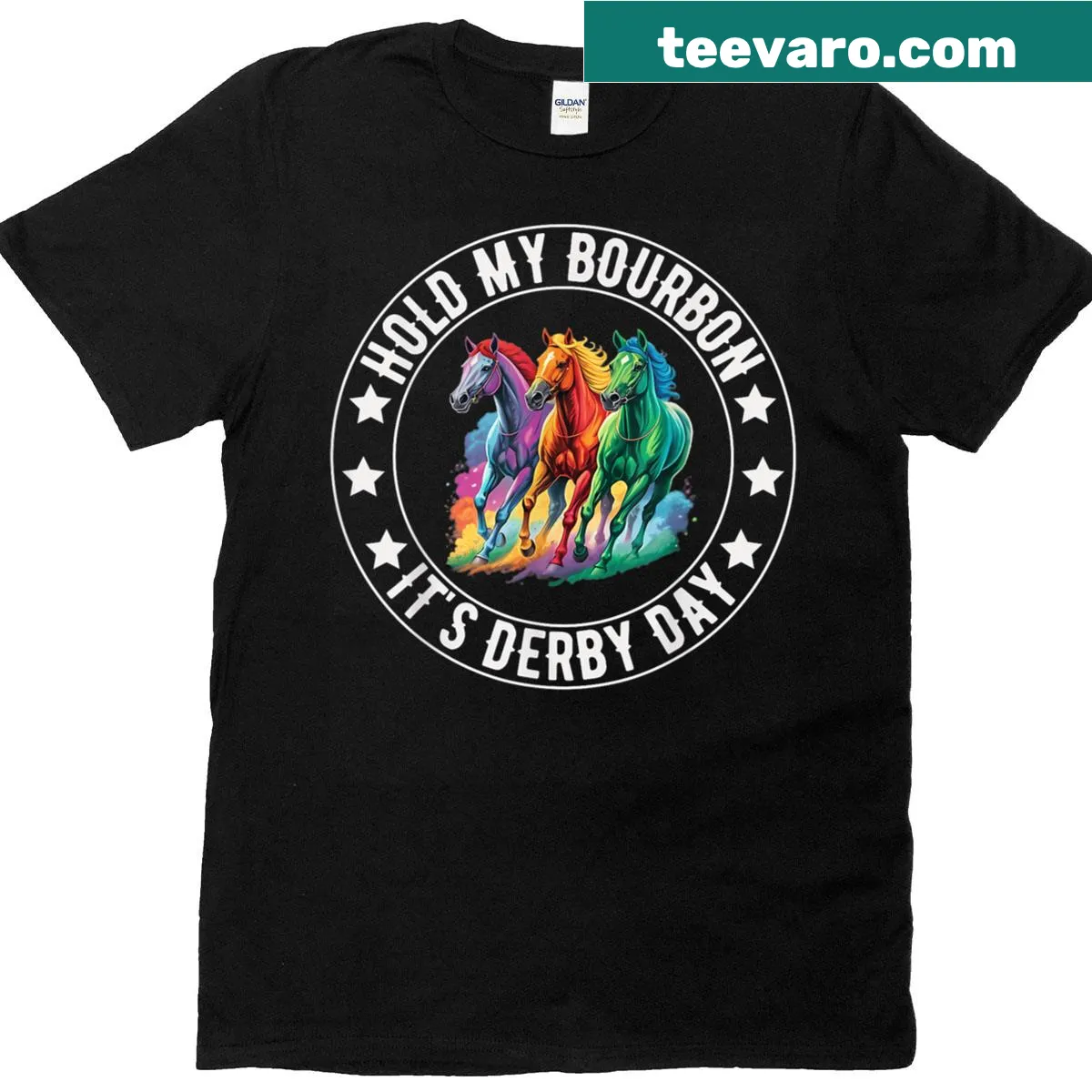 Funny T-shirt with rainbow text saying 'Hold My Bourbon It's Derby Day' — on a men's t-shirt