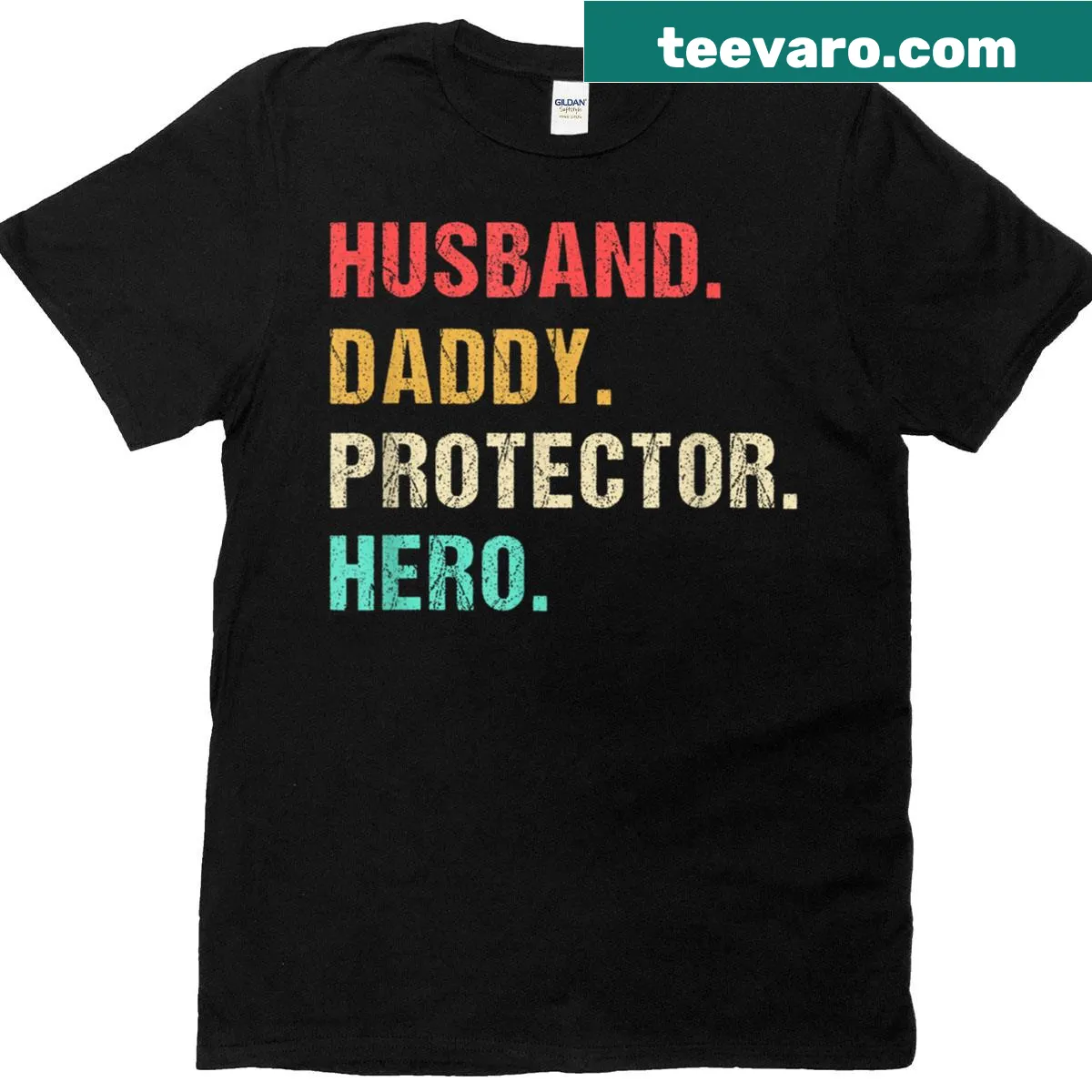 Typography T-shirt celebrating fathers with words like Husband and Hero — on a men's t-shirt