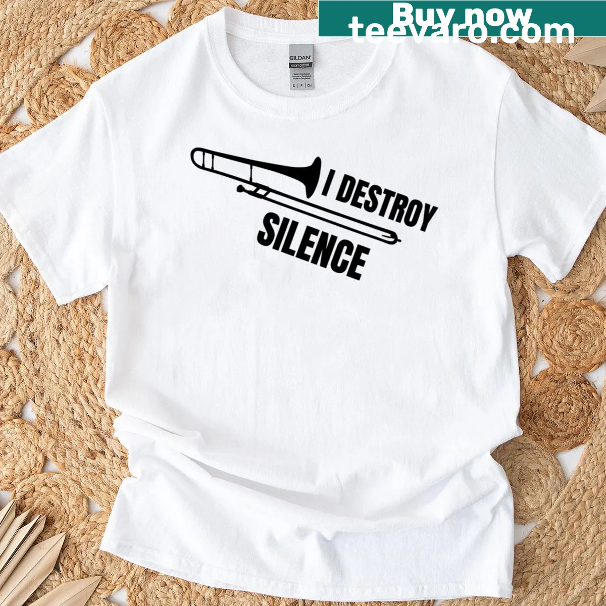 Trombone T-shirt with the phrase 'I Destroy Silence' — on a men's t-shirt