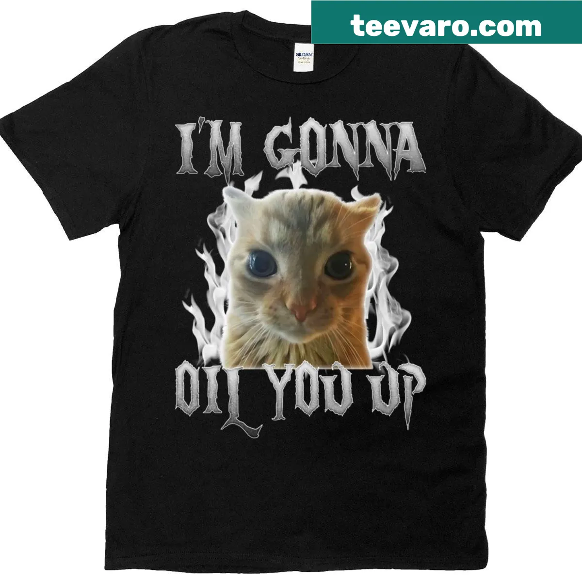 Humorous cat meme t-shirt with playful text about oiling up a cat — on a men's t-shirt