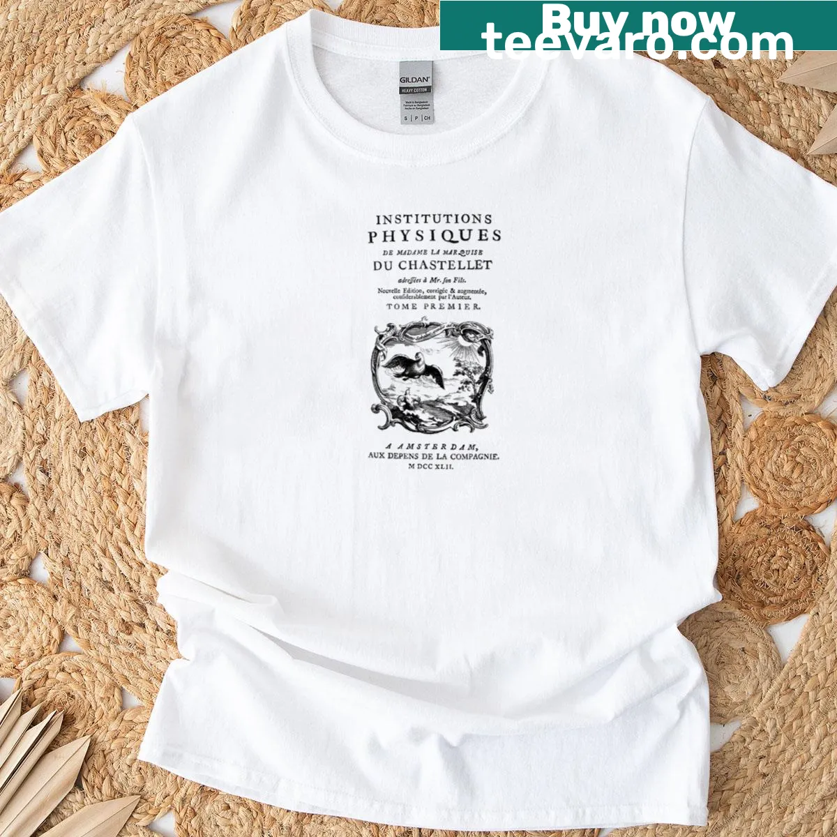 Illustrated frontispiece inspired design for an academic themed t-shirt. — on a men's t-shirt