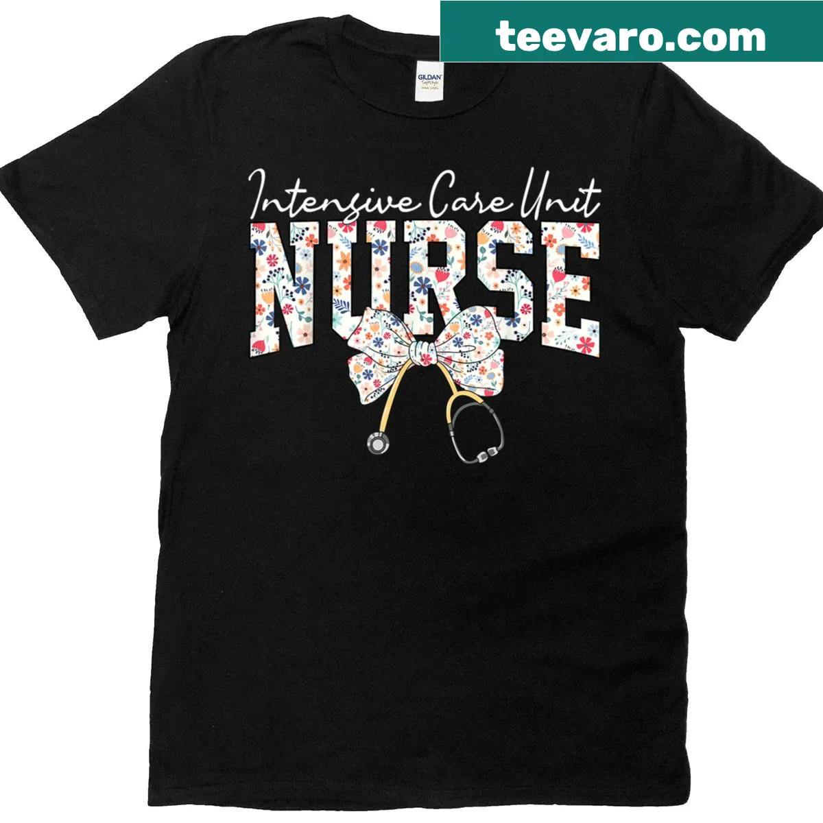Floral bow and stethoscope design for ICU nurses — on a men's t-shirt