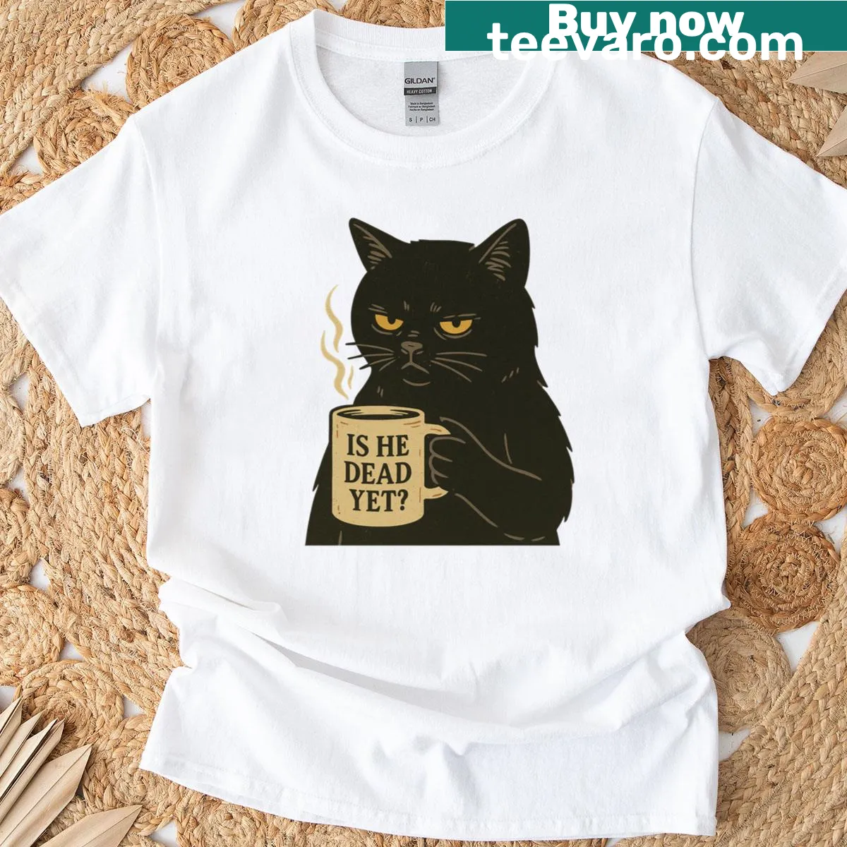Sarcastic T-shirt featuring a black cat and humorous coffee saying — on a men's t-shirt