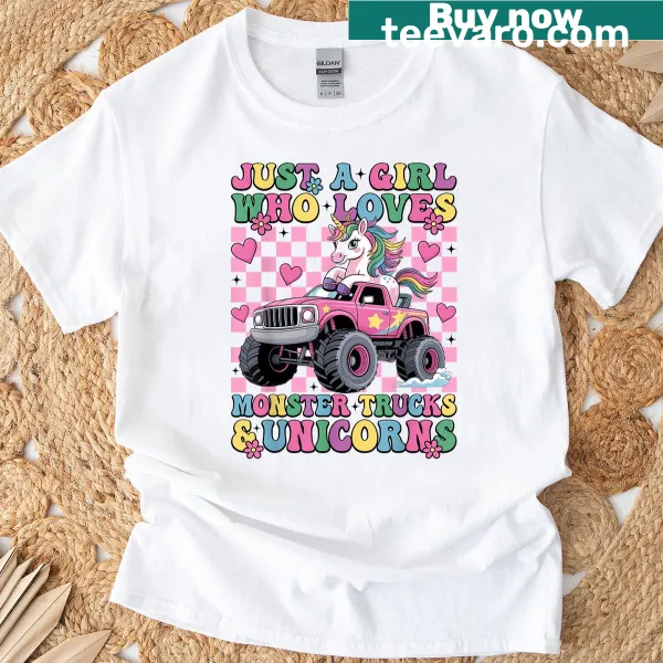 Illustration of a monster truck and unicorn for girls' t-shirt