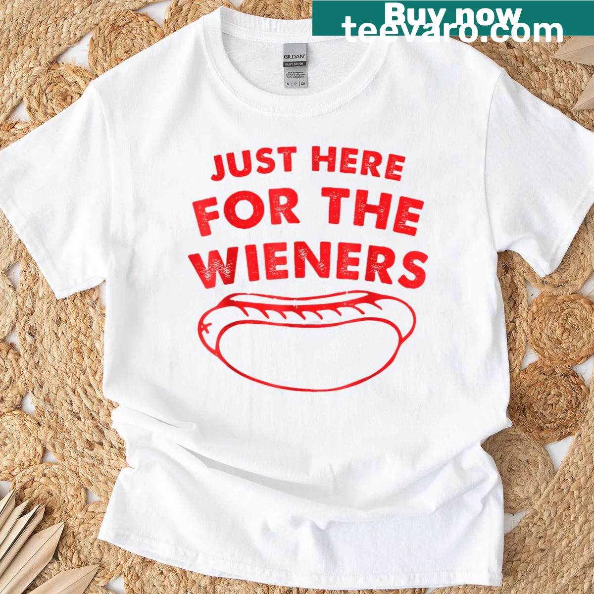 Funny hot dog graphic with text for a Fourth of July shirt — on a men's t-shirt