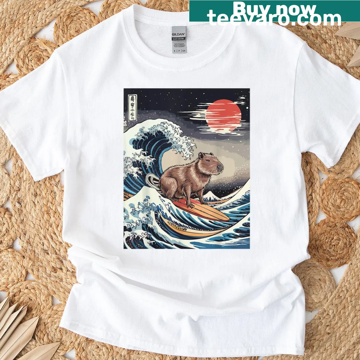 Kawaii capybara surfing illustration on t-shirt — on a men's t-shirt