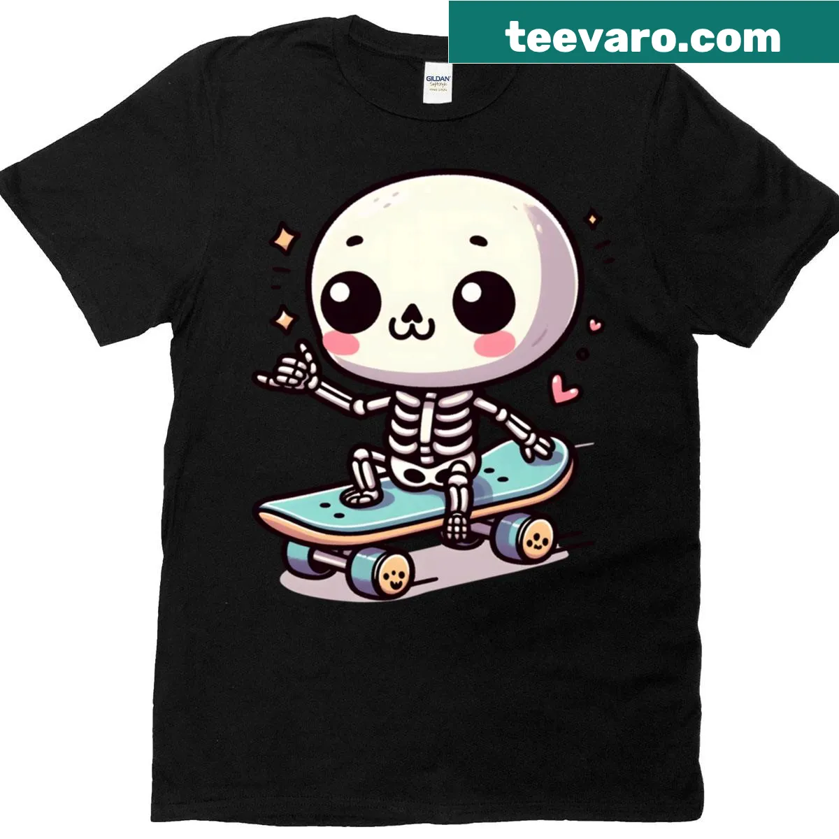 Kawaii skeleton skateboarding graphic on oversized T-shirt — on a men's t-shirt