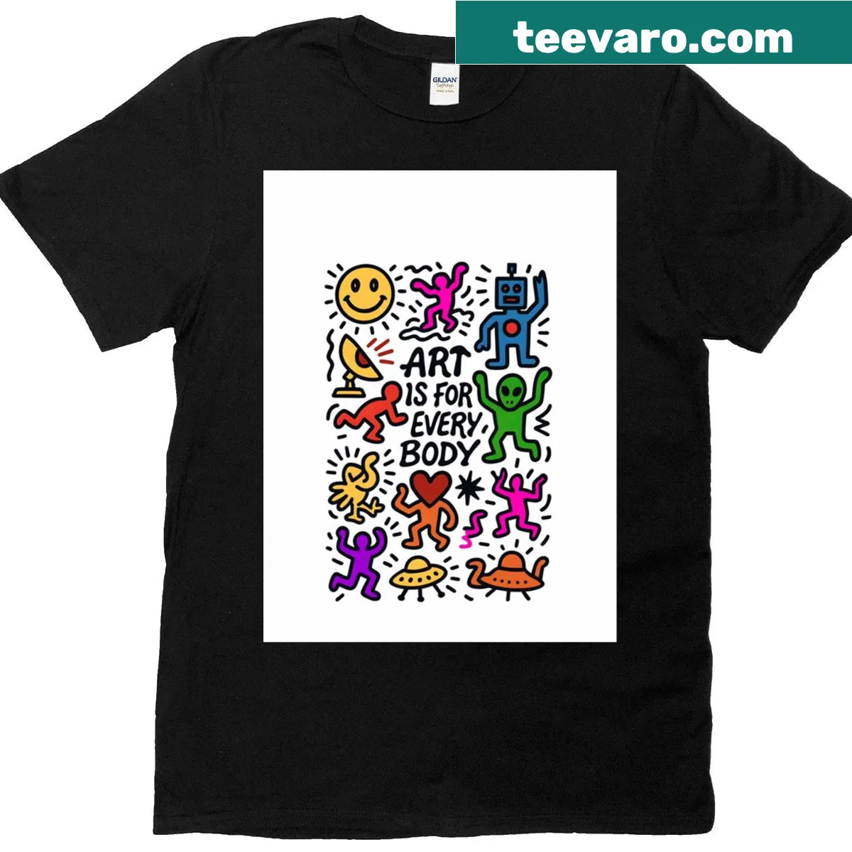 Playful graphic T-shirt featuring a collage design for all — on a men's t-shirt
