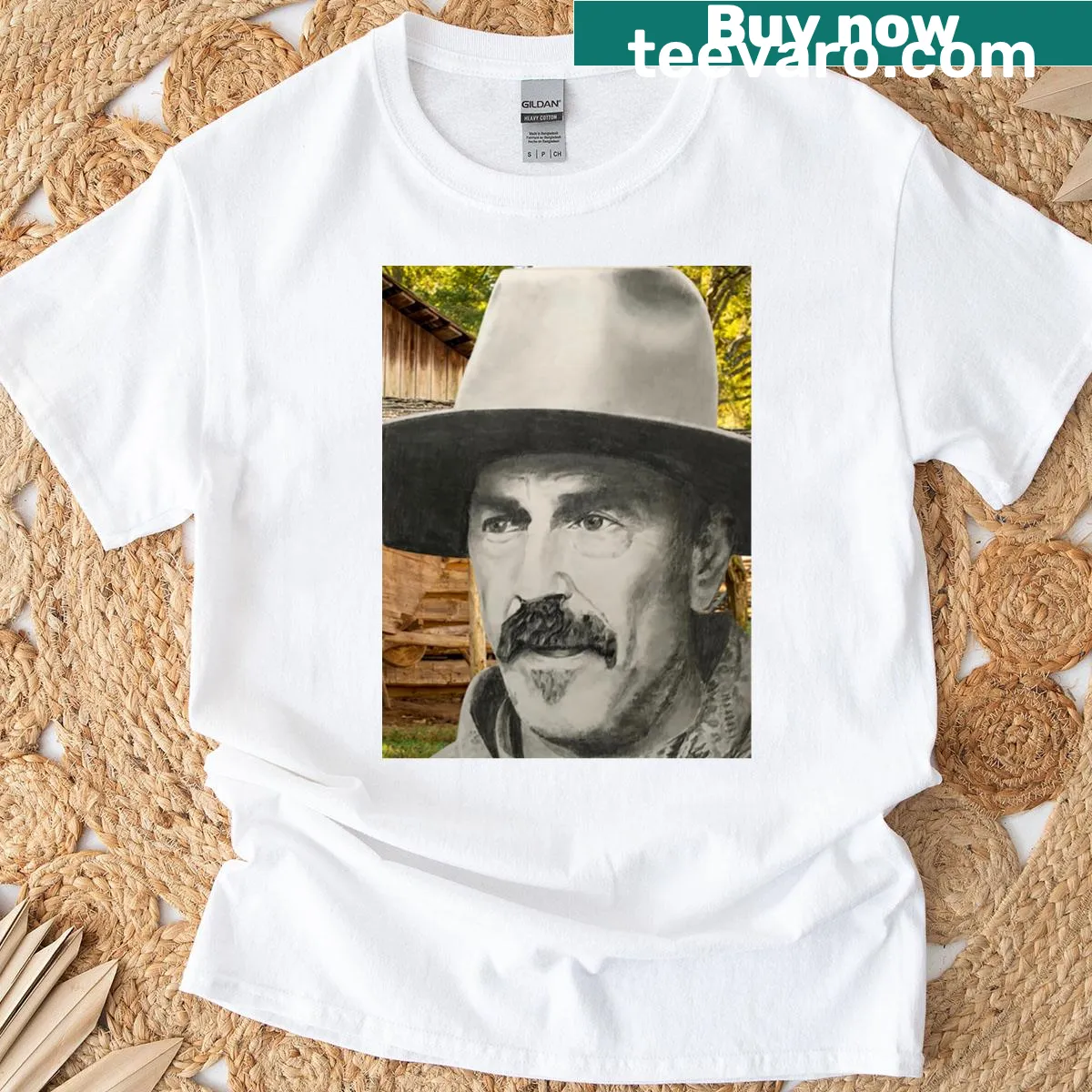 Vintage-style t-shirt featuring Kevin Costner graphic — on a men's t-shirt