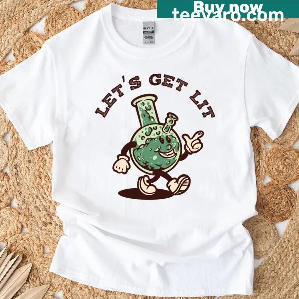 Retro vintage cartoon bong with the phrase 'Let's Get Lit' on a t-shirt.
