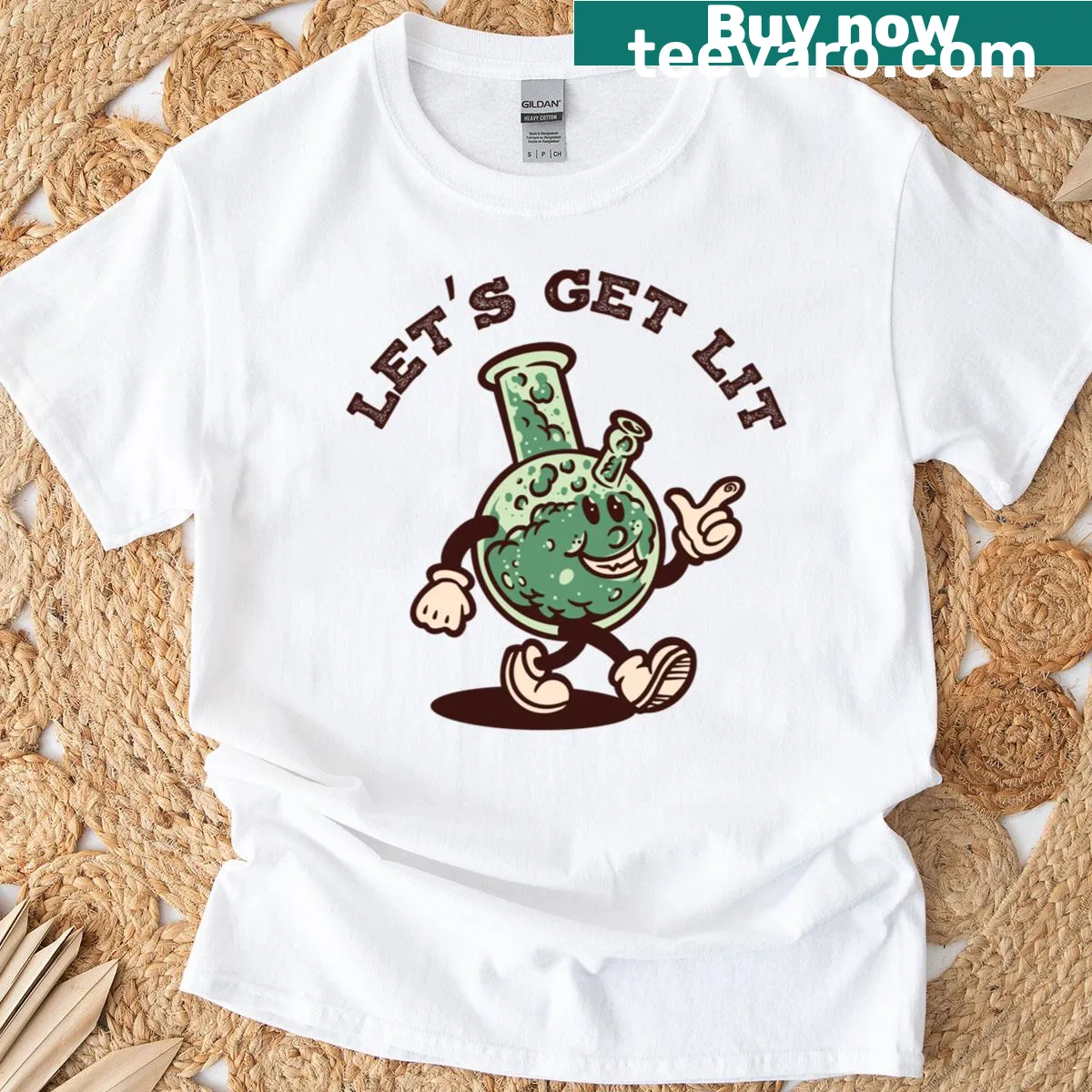Retro vintage cartoon bong with the phrase 'Let's Get Lit' on a t-shirt. — on a men's t-shirt