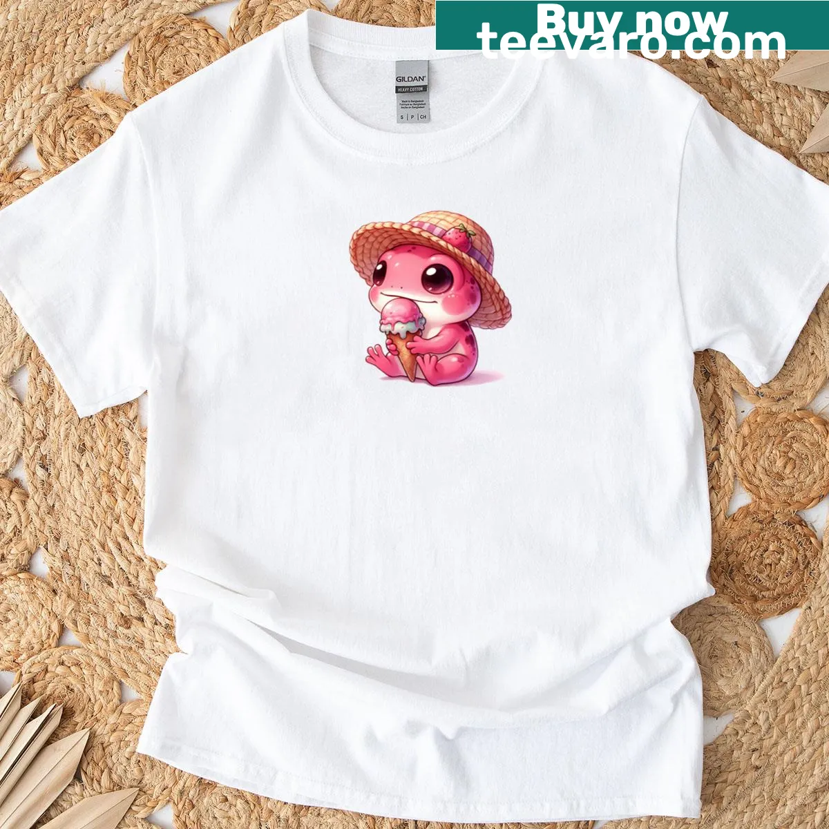 Illustration of a cute frog eating ice cream on a t-shirt — on a men's t-shirt