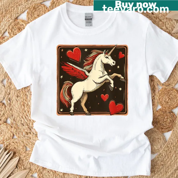 Funny Valentine's t-shirt with a unicorn graphic and hearts.