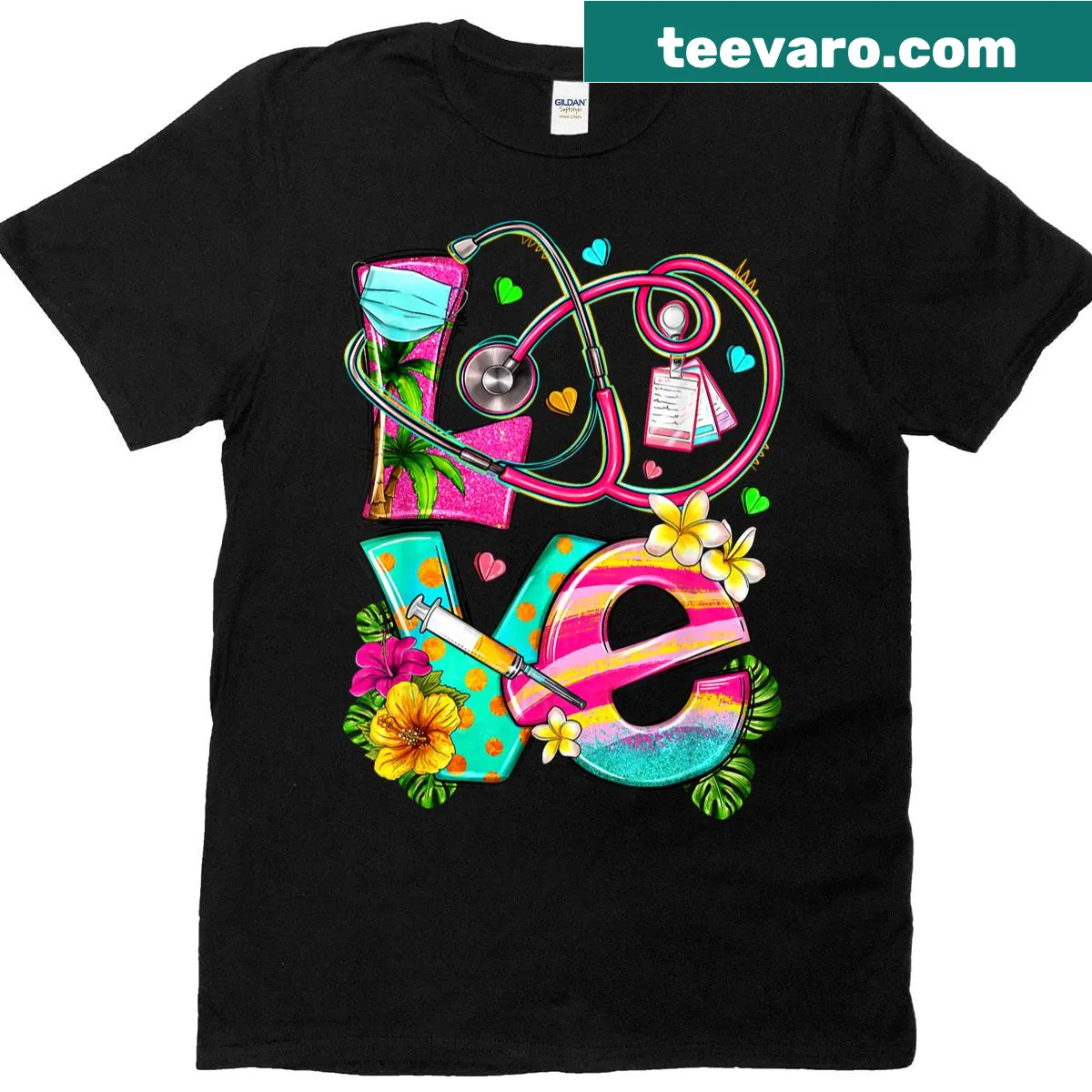 T-shirt featuring a stethoscope and tropical flowers, celebrating nursing and summer. — on a men's t-shirt