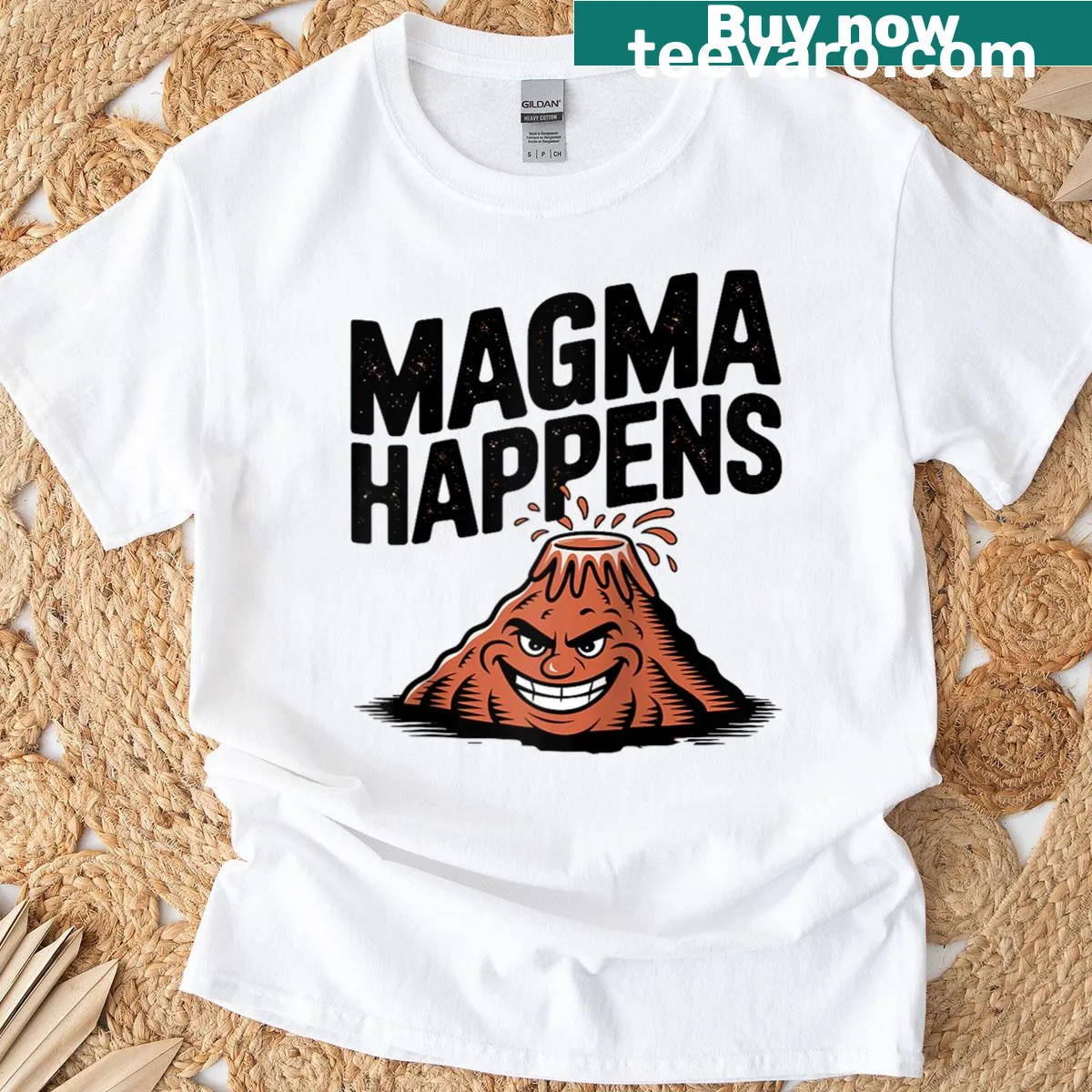 Smiling volcano design with the phrase 'Magma Happens' on a baseball tee. — on a men's t-shirt