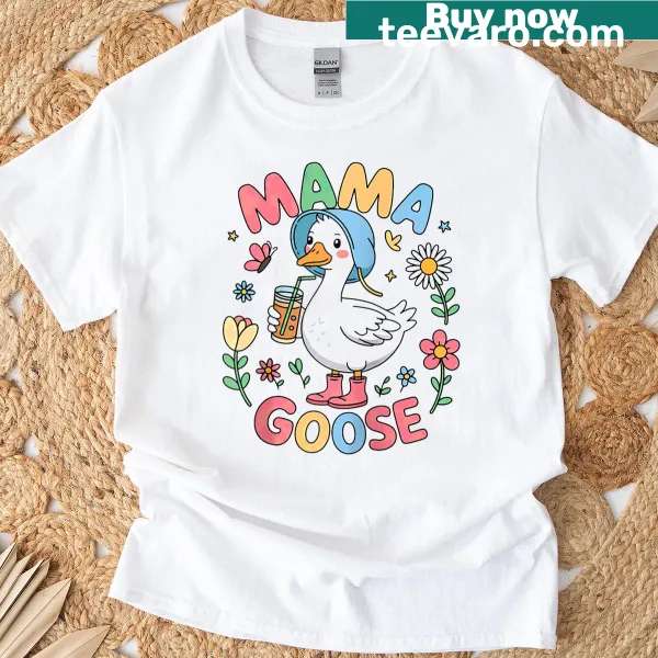 Cute cartoon Mama Goose t-shirt with flowers for kids