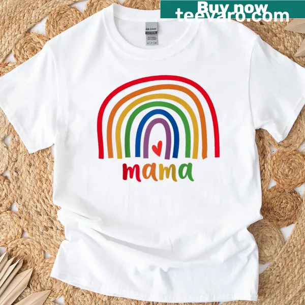 Rainbow t-shirt with 'Mama' text, ideal for family matching.