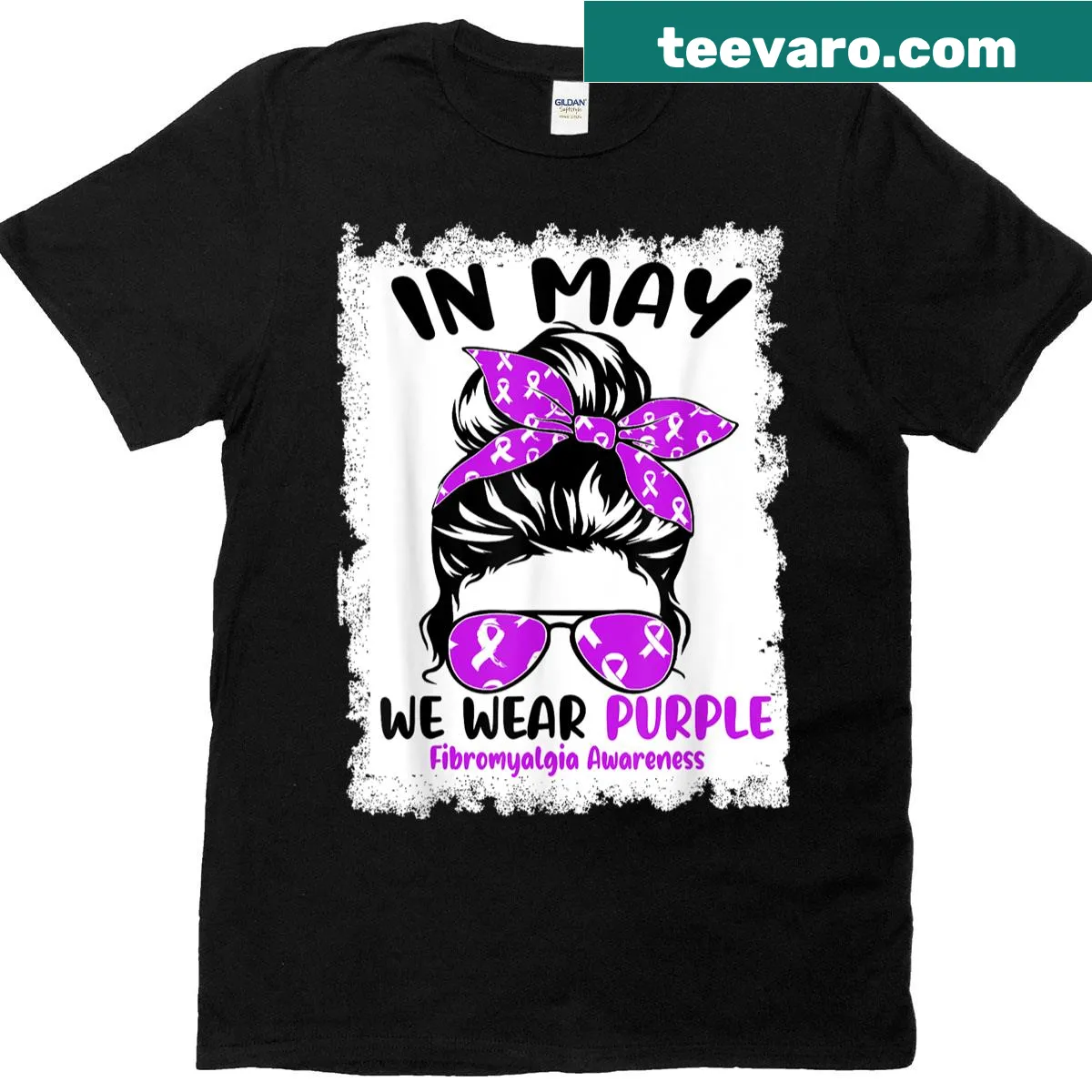 T-shirt with the phrase 'In May We Wear Purple' and messy bun graphic — on a men's t-shirt
