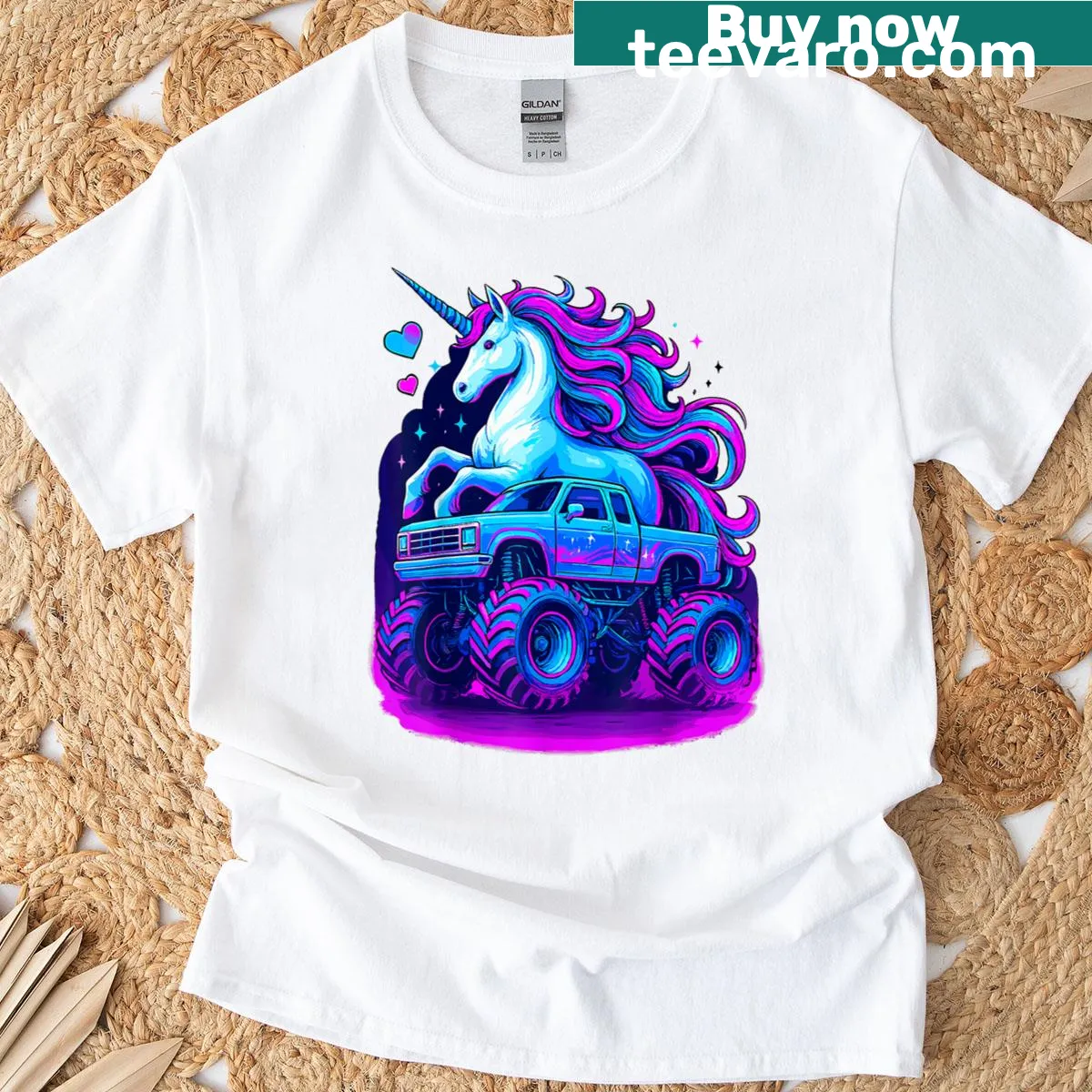 Playful graphic of a monster truck and unicorn T-shirt — on a men's t-shirt