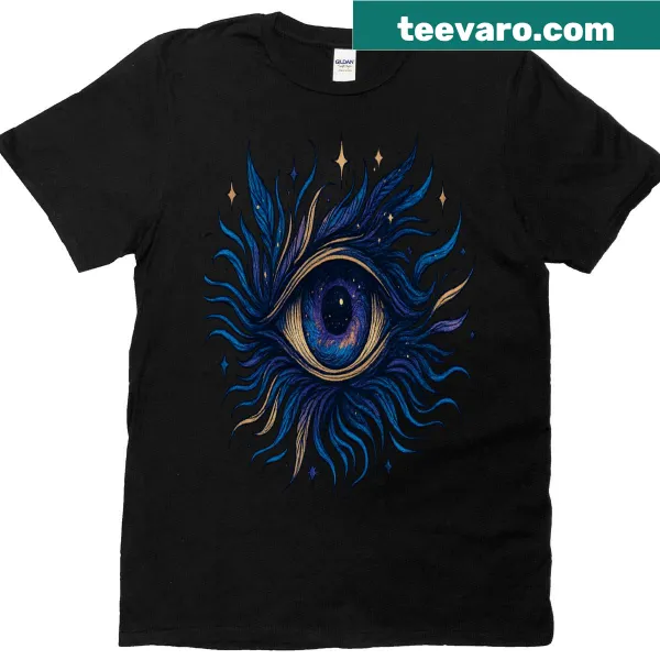 Cosmic eye graphic surrounded by a starry galaxy on a T-shirt