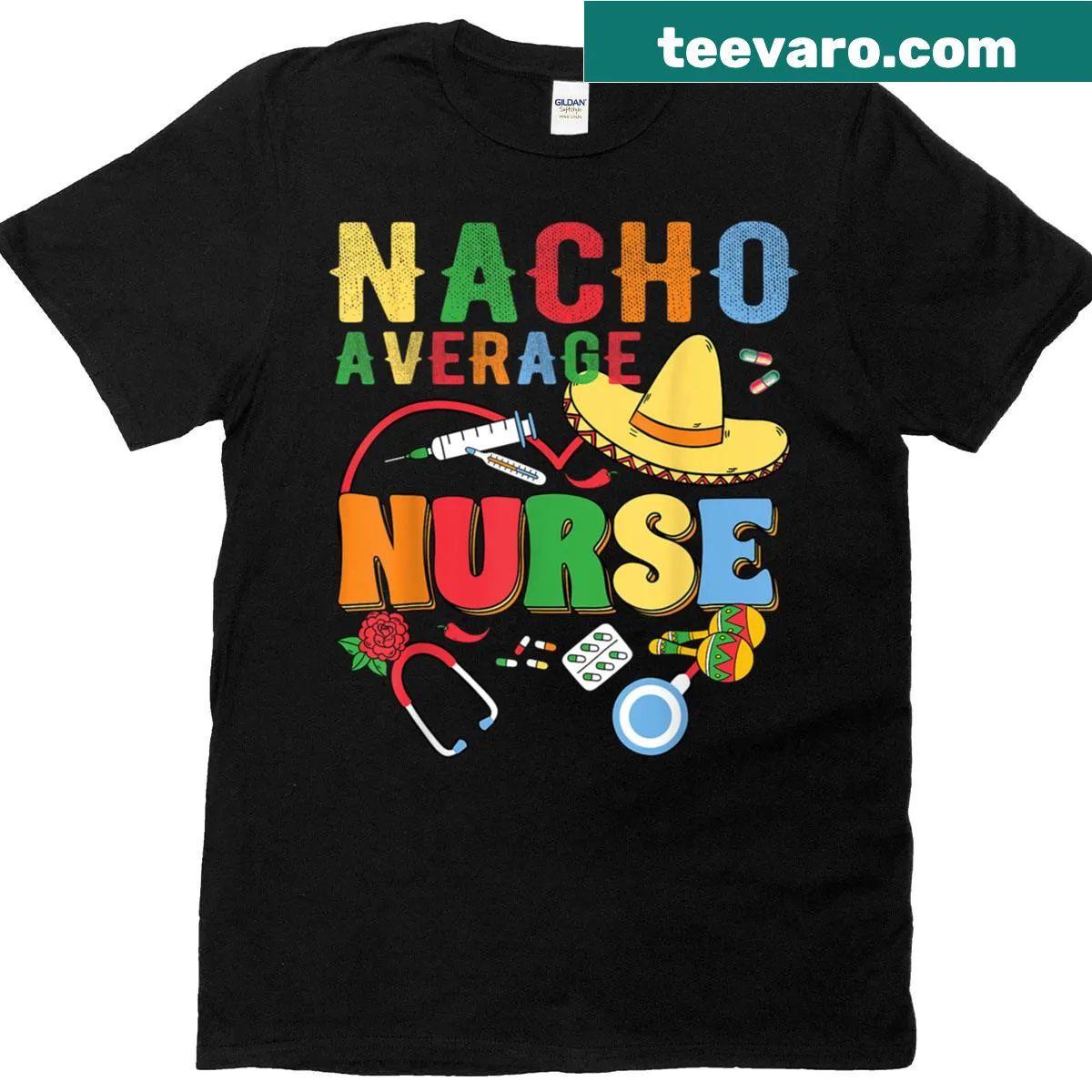 Text design 'Nacho Average Nurse' on a festive T-shirt — on a men's t-shirt