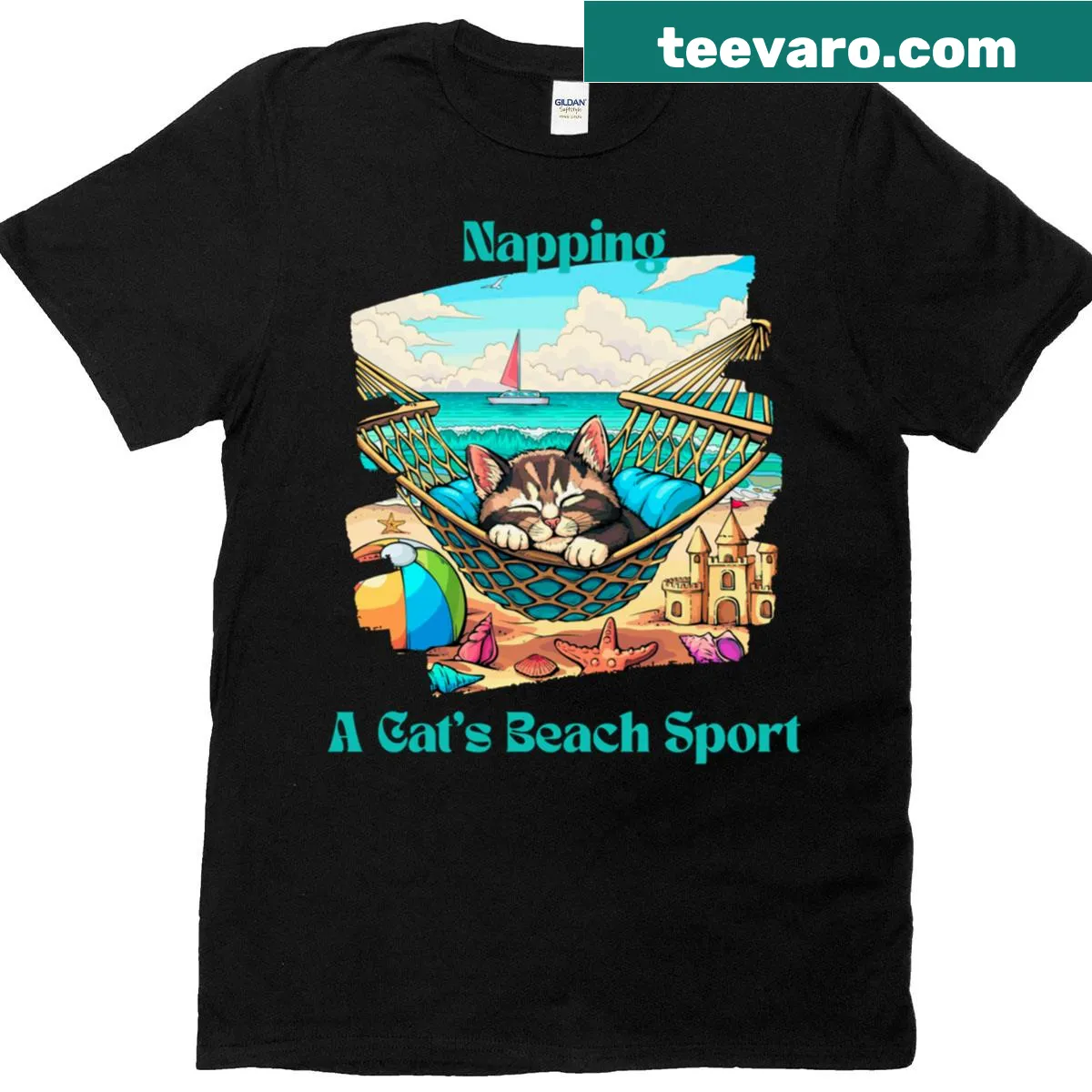 T-shirt with the phrase Napping - A Cats Beach Sport — on a men's t-shirt