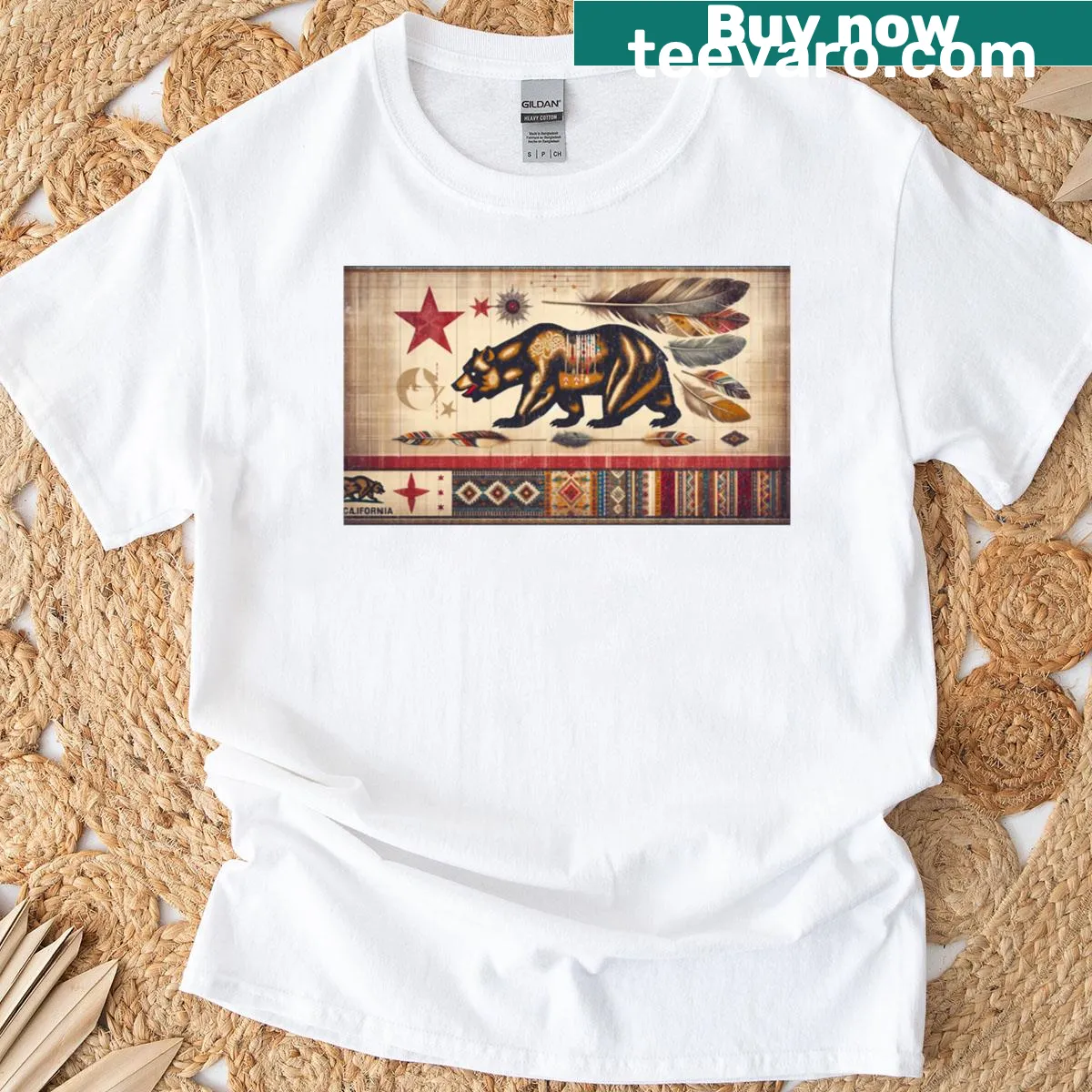 California flag design with Native American boho elements on a t-shirt. — on a men's t-shirt