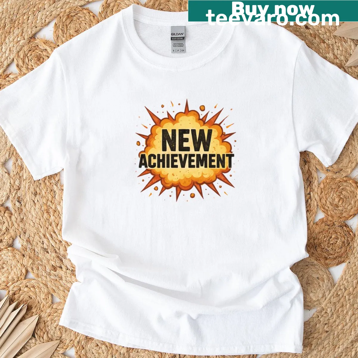 Inspirational T-shirt with 'New Achievement' text in black and yellow — on a men's t-shirt