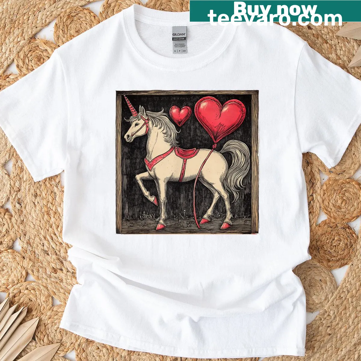 Illustration of a unicorn with hearts for Valentine's Day — on a men's t-shirt
