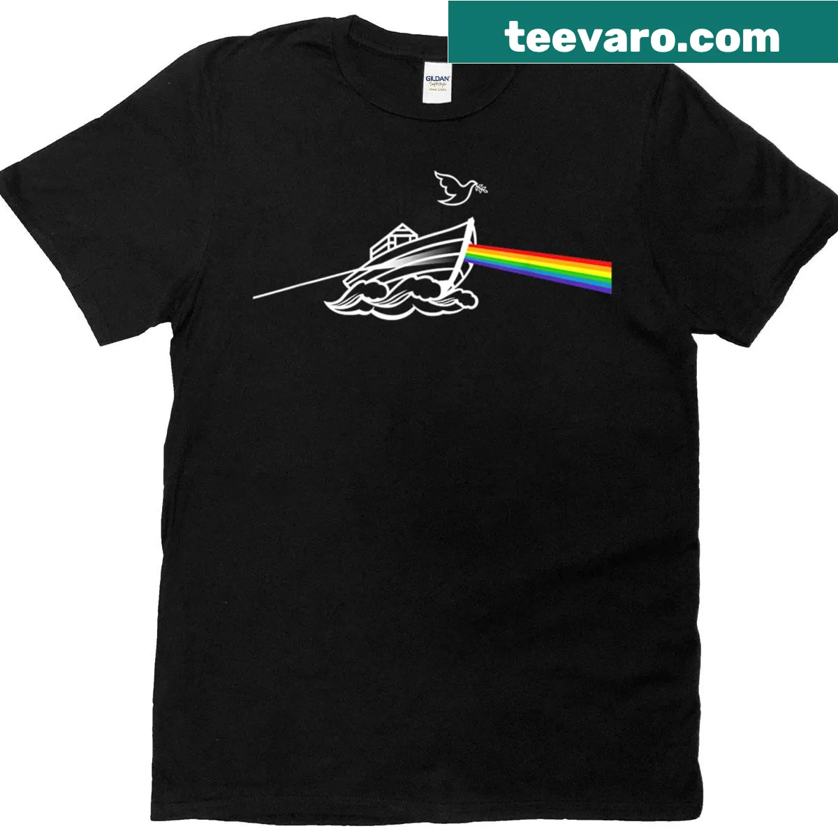 Illustration of Noah with rainbow and music notes, promoting love and inclusivity. — on a men's t-shirt