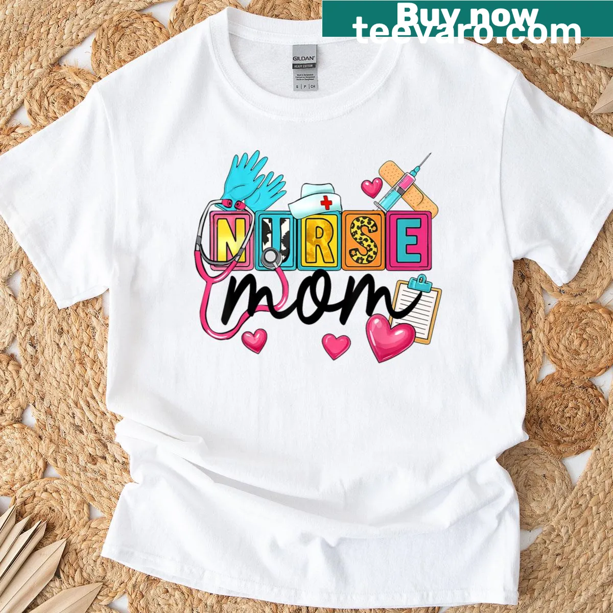 T-shirt featuring 'Nurse Mom' with a stethoscope graphic — on a men's t-shirt