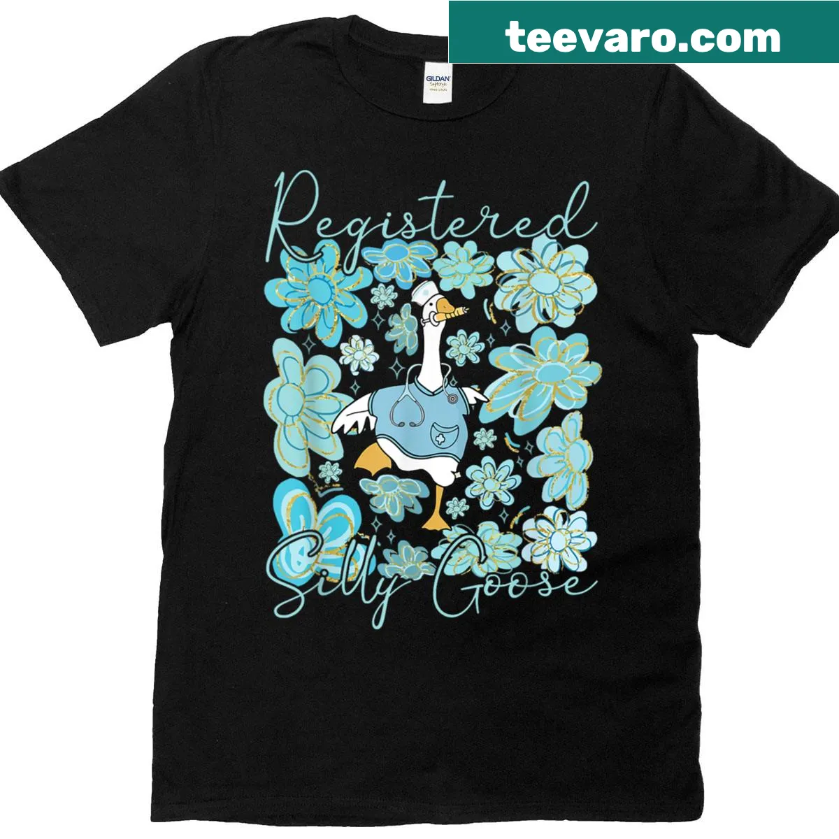 Playful T-shirt with 'Silly Goose' phrase and nursing symbols for RNs. — on a men's t-shirt
