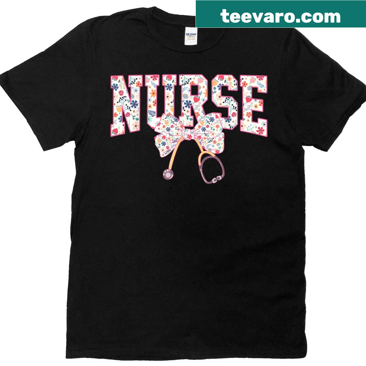 Nurse T-shirt with stethoscope and floral bow graphic — on a men's t-shirt