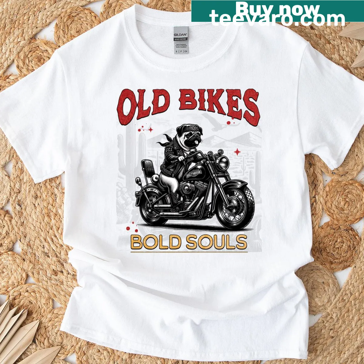 Cute dog riding a classic motorcycle on a T-shirt — on a men's t-shirt