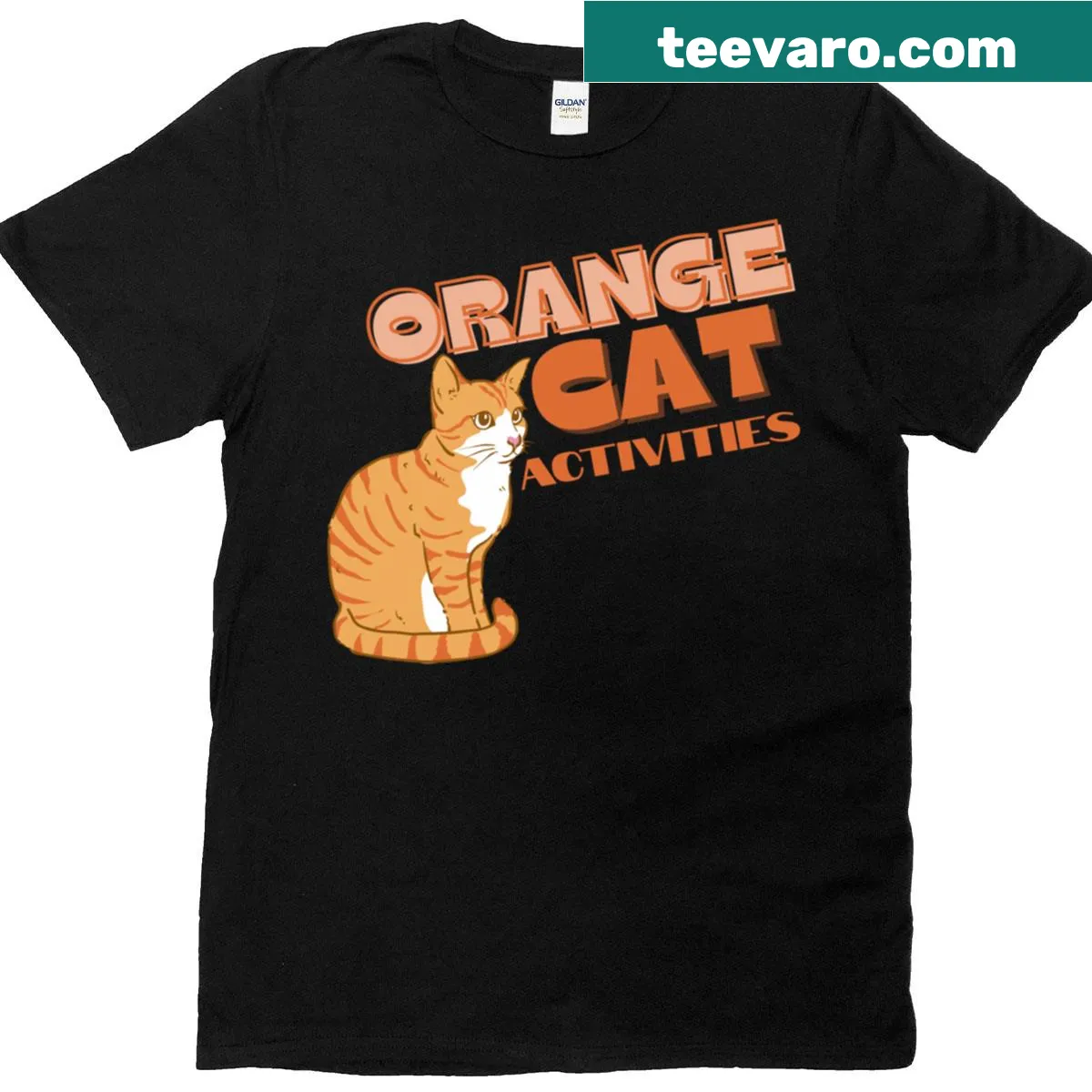 T-shirt featuring playful orange cat activity illustrations — on a men's t-shirt