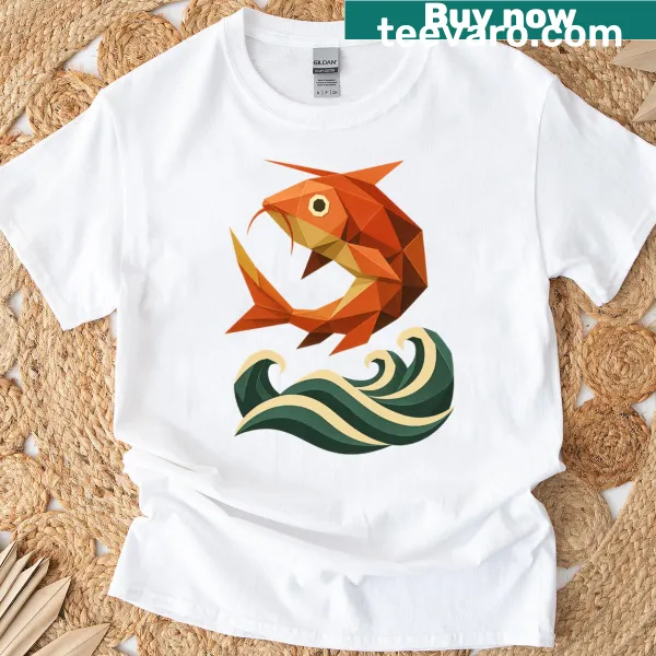 Origami koi fish design with stylized waves on t-shirt