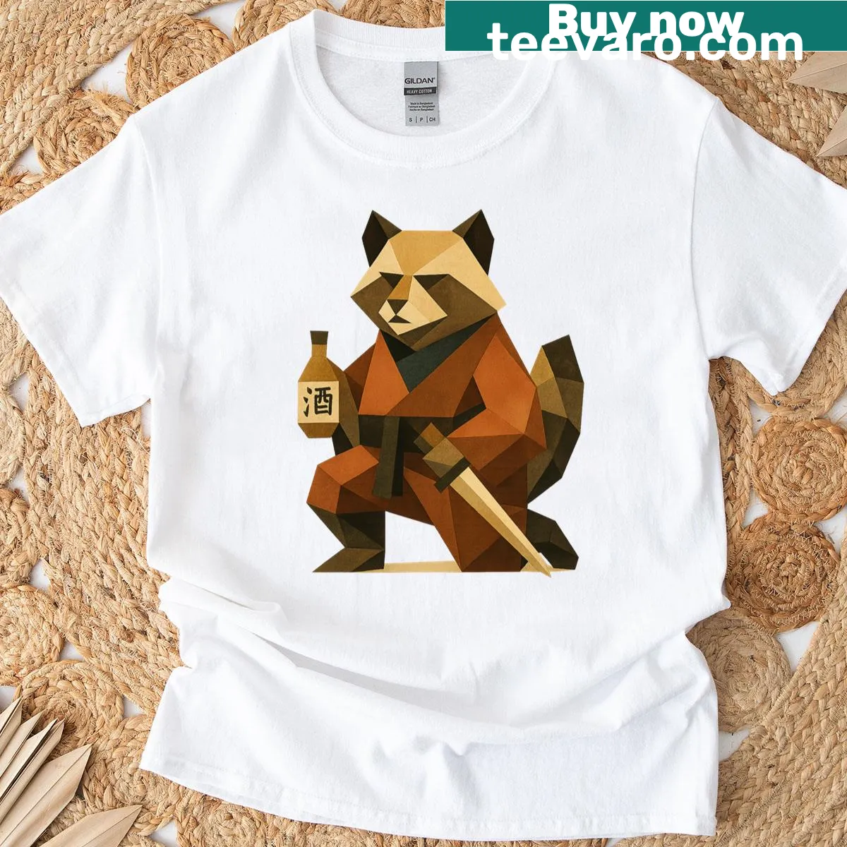 Illustration of an origami tanuki in a mischievous pose — on a men's t-shirt