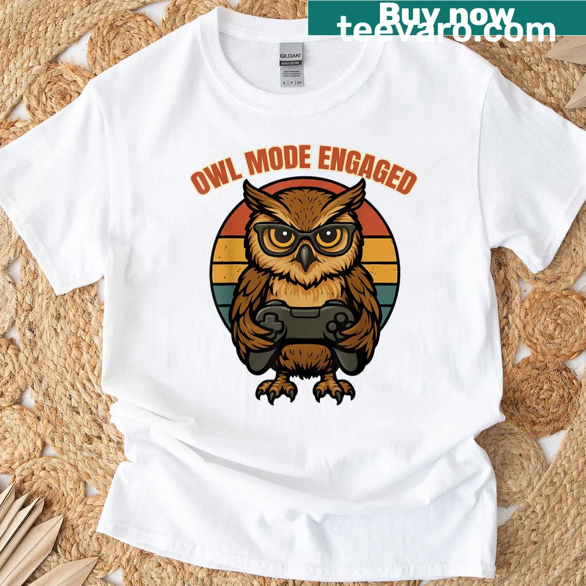 Retro owl graphic with 'Owl Mode Engaged' text — on a men's t-shirt